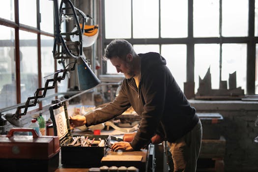 A male craftsman focuses on his work in a sunlit industrial workshop, using tools from a nearby toolbox.